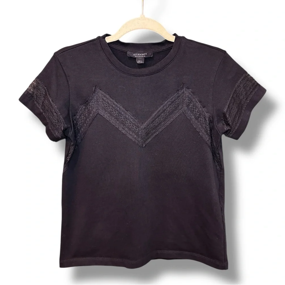 All Saints- Black 100% Cotton Lina Lace T-Shirt - Size US4, UK8, EU36 - Picture 3 of 9